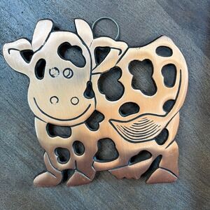 Vintage 1990s Copper ODI Cast Iron‎ Cow Trivet Hot Plate Wall Hanging Farmhouse